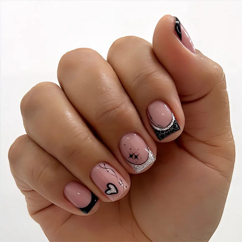 24Pcs Short Glitter False Nails Black Red Sweet Cool Press on Nails Love Valentine Wearing Nail Art Full Cover French Fake Nail 1