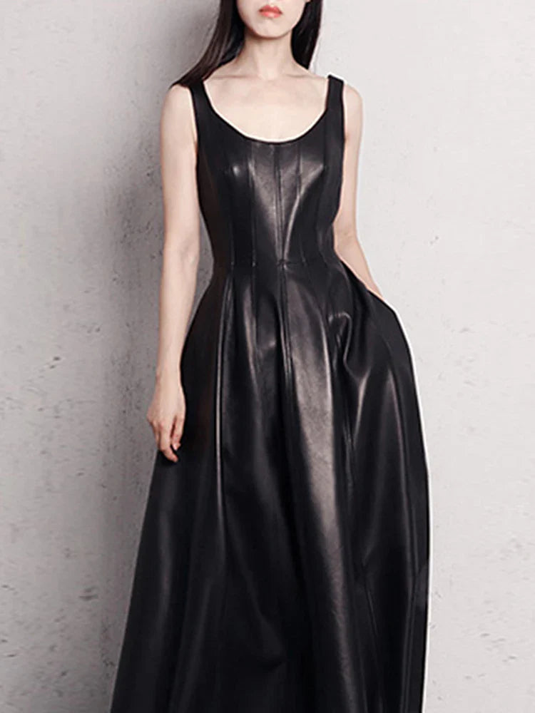 Spring Fit and Flare Soft Faux Leather Dress Elegant Luxury Red Maxi Dresses for Women 2022 long Retro Fashion Clothes Black