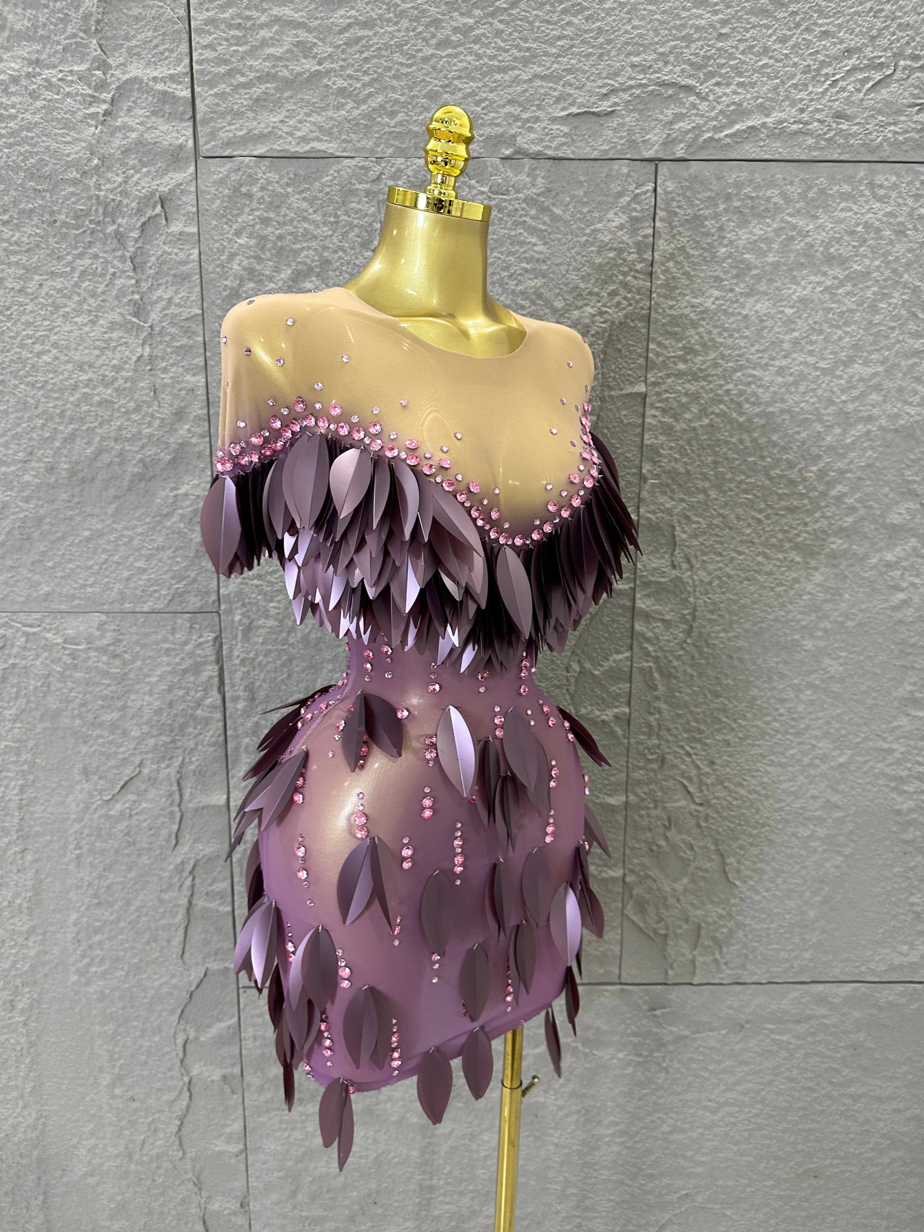 Sparkly 2026 Purple Sheer Mesh Dress Women Sexy Illusion Neck Rhinestone 3D Leaf Fringe Bodycon Evening Gala Nightclub Outfit