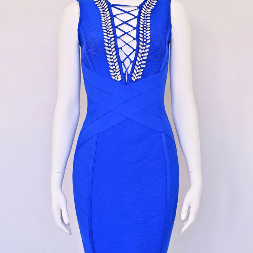 2025 Spring Sexy Women's Drawstring Nail Diamond Design Bandage Dress Sleeveless Bodycon Blue Mini Dress Evening Party Vestidos