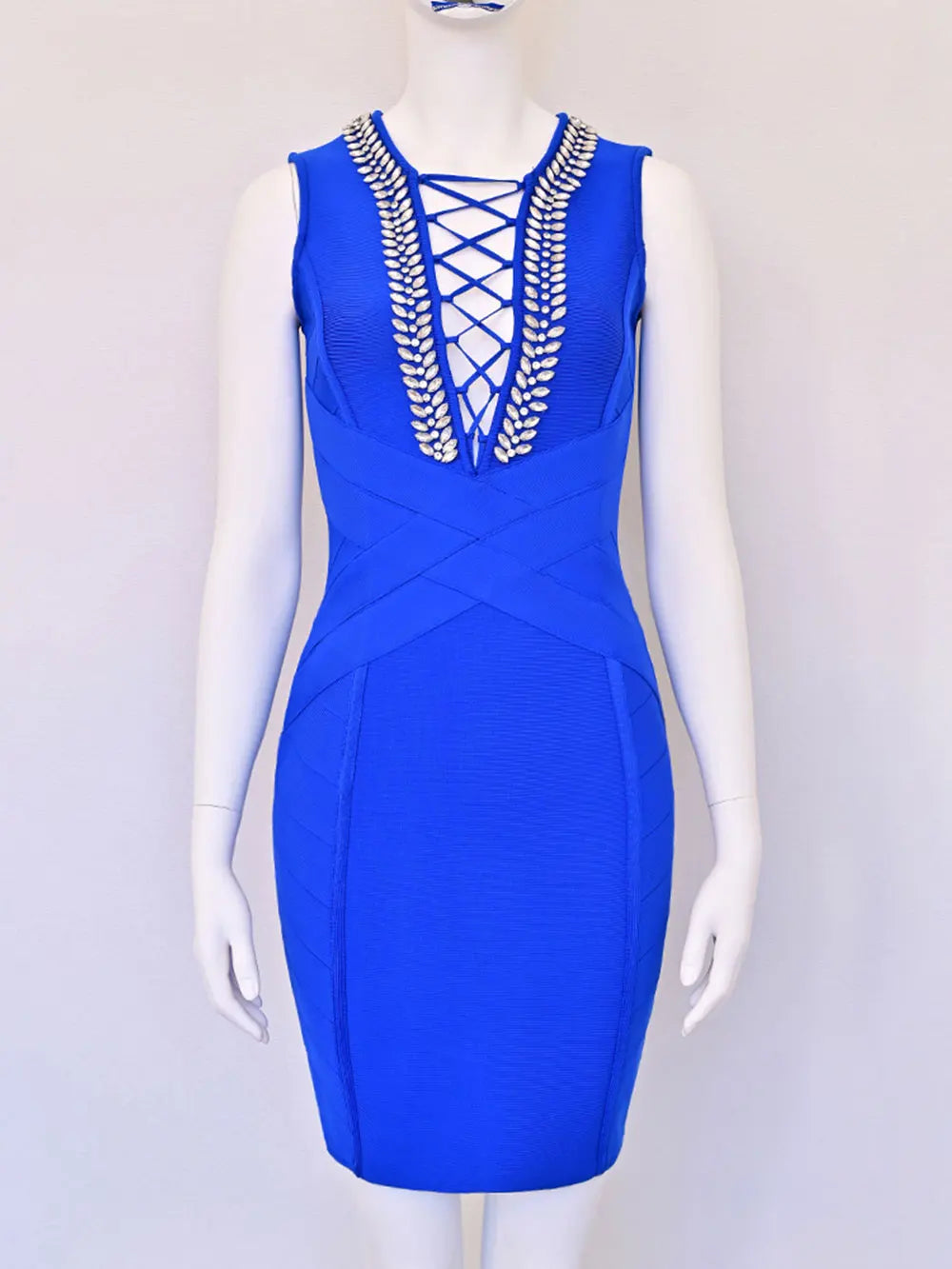 2025 Spring Sexy Women's Drawstring Nail Diamond Design Bandage Dress Sleeveless Bodycon Blue Mini Dress Evening Party Vestidos