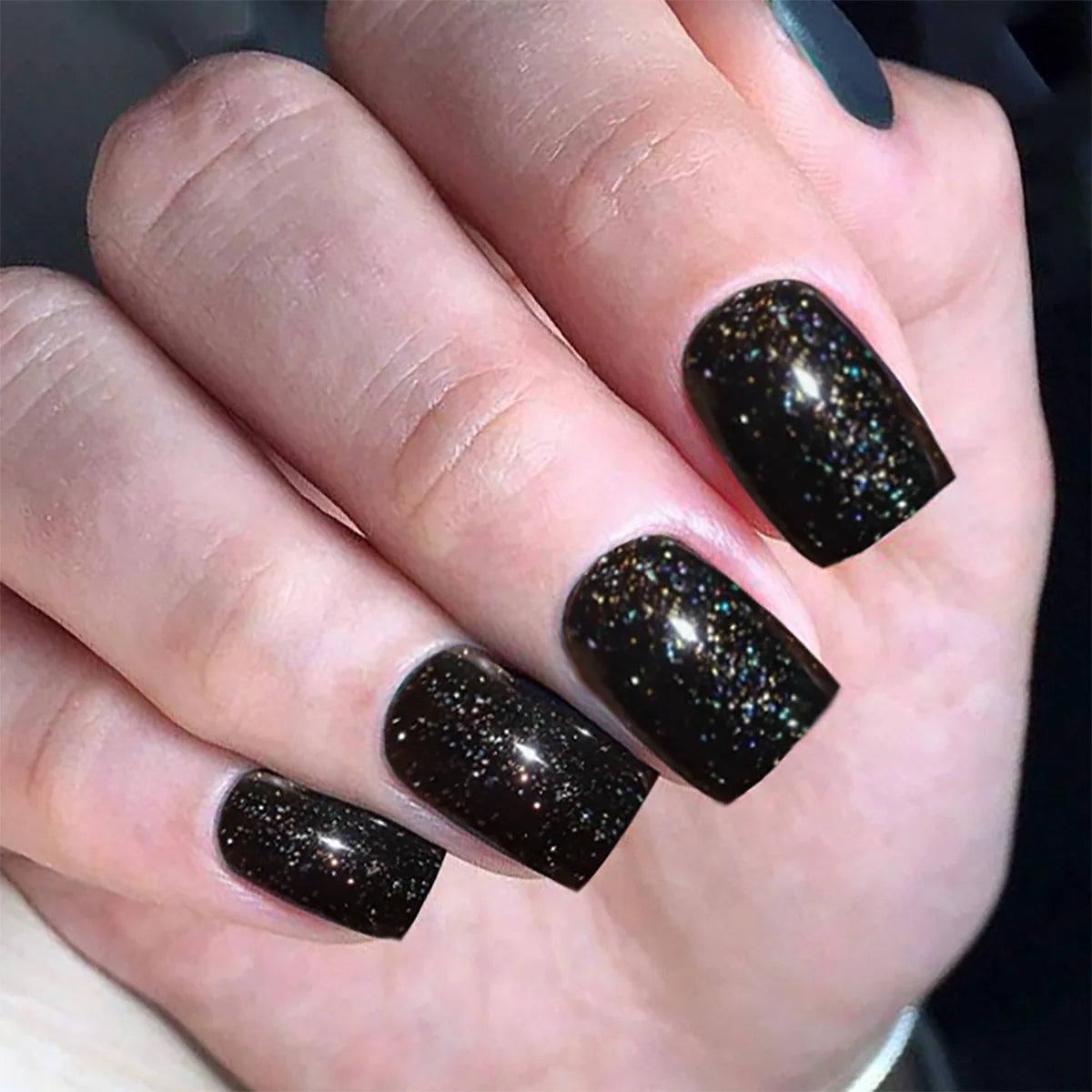 24pcs/set short square fake nails super flash glitter UV nail tips black blue green pink gold faux ongles press on false nail 546 black