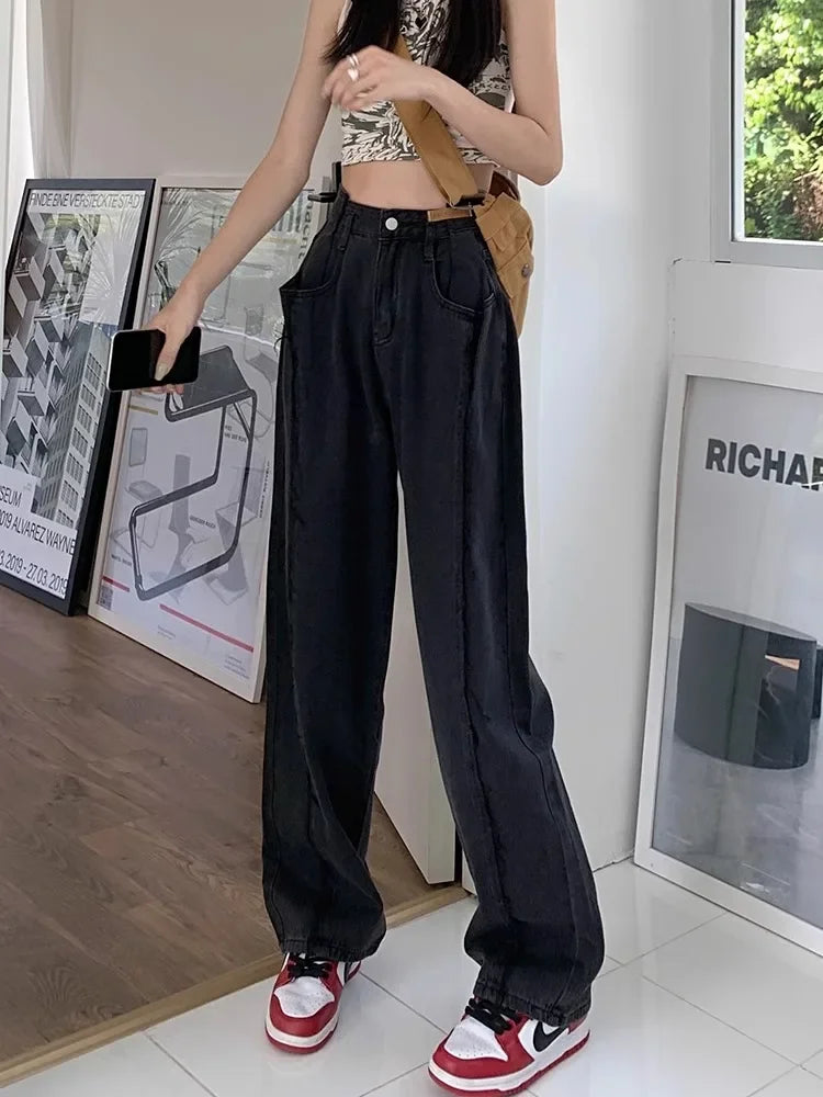 American Retro High Waist Straight Pockets Jeans Hip-hop Pants Spring Women's Grunge Streetwear Casual Y2K Denim Trouser black