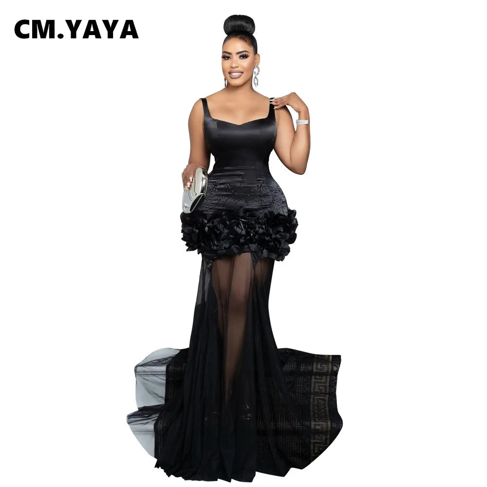 Diamonds 3D Flower Mesh See Through Women Sleeveless Bodycon Long Dress Birthday Party Evening Prom Maxi Mermaid Dresses