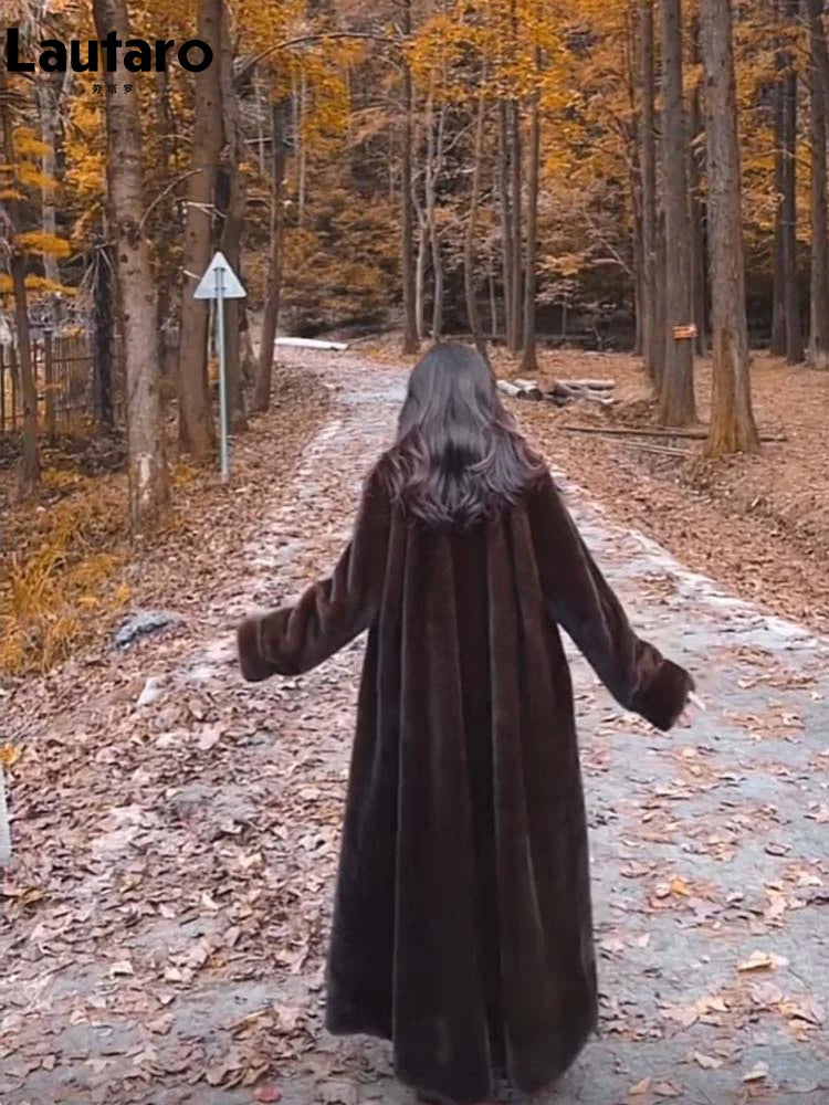 Lautaro Winter Long Oversized Warm Thick Fluffy Brown Soft Skirted Faux Mink Fur Coat Women Elegant Luxury Chic Furry Overcoat