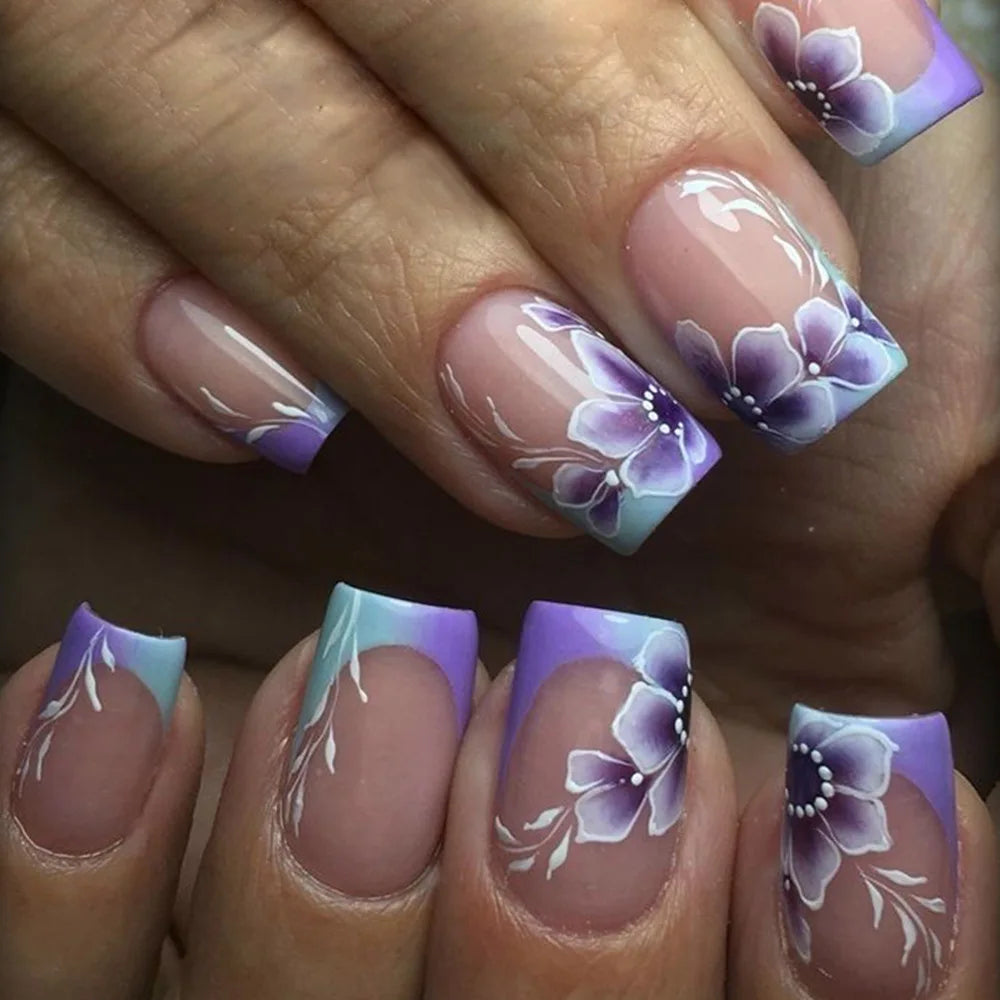 24Pcs White Fashion Short Square Press on Nails Wearable with French Ink Wash Fresh Nails Set Chinese Style False Nail Tips Art 1