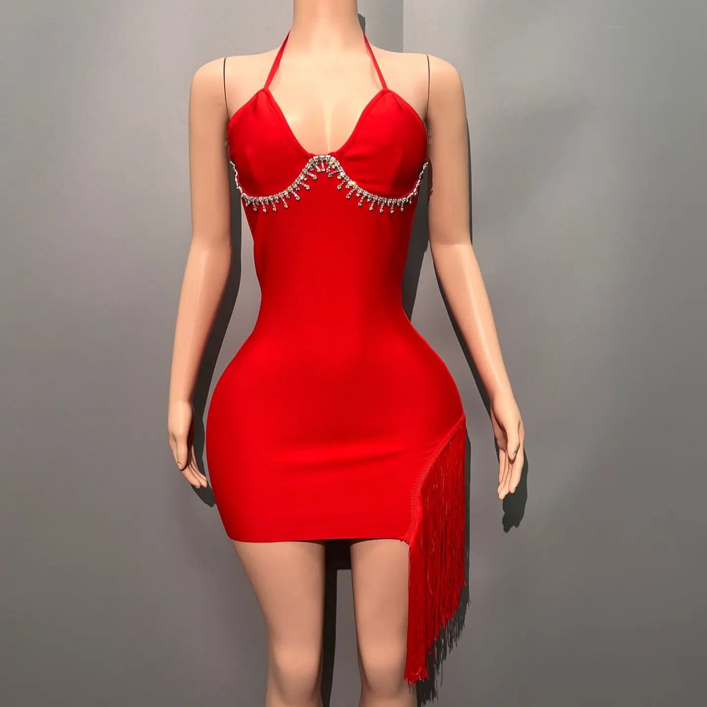 Red Black Women Sexy Halter Off the Shoulder Bodycon Mini Bandage Dress Tassel Celebrate Nightclub Party Bar Singer Outfit
