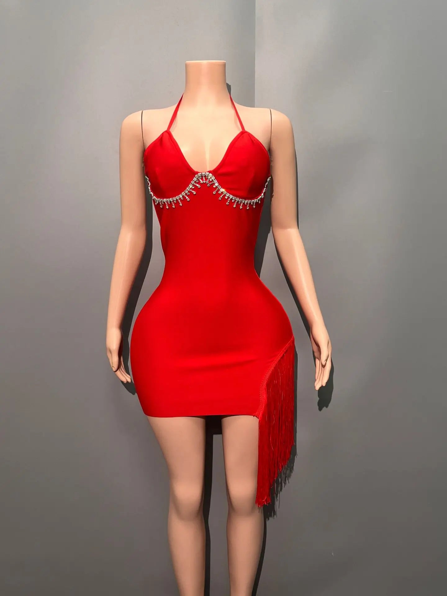 Red Black Women Sexy Halter Off the Shoulder Bodycon Mini Bandage Dress Tassel Celebrate Nightclub Party Bar Singer Outfit
