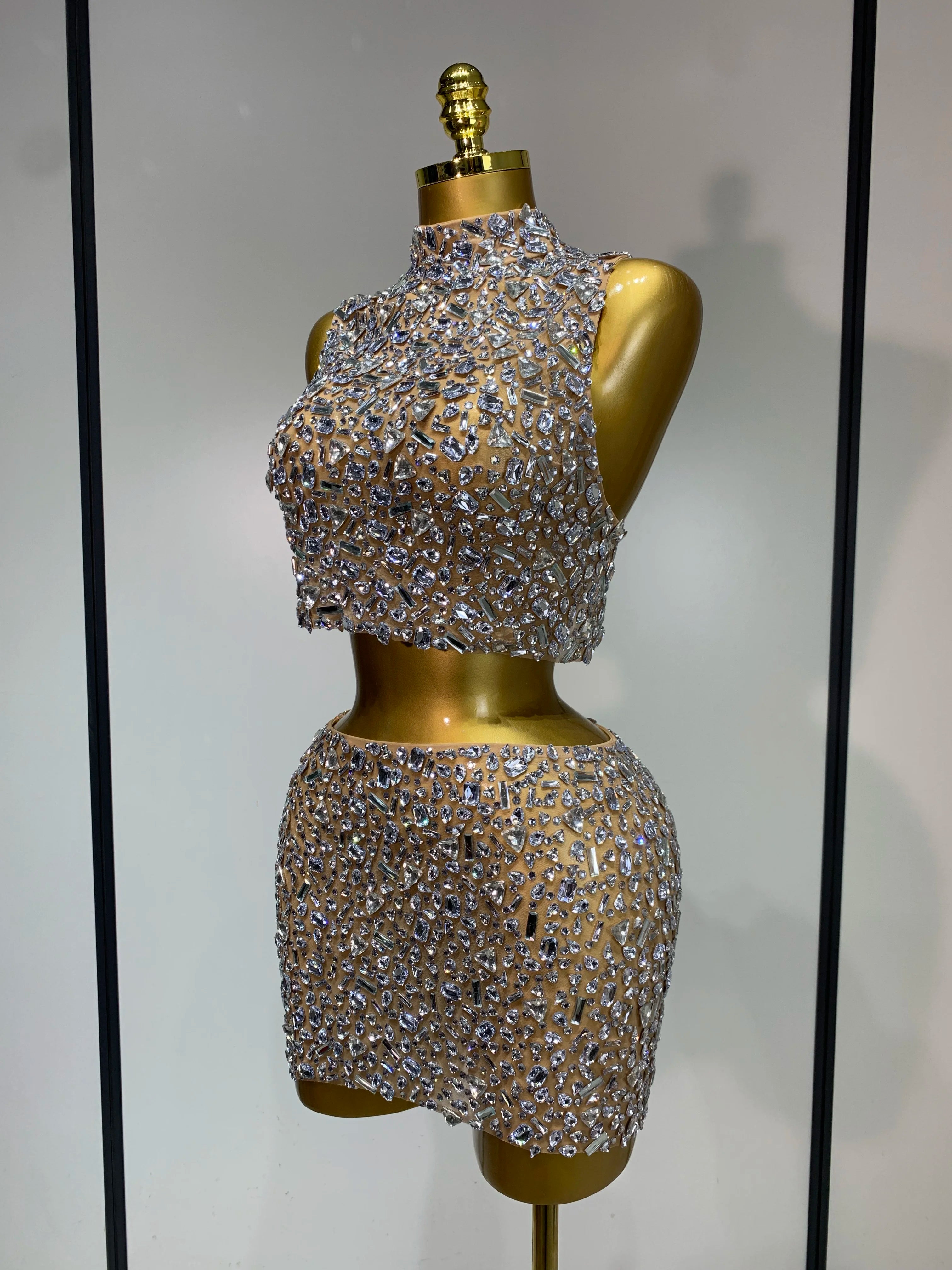 Sparkling Rhinestone Sexy See Through Blackless Top Skirt Two Pieces Set Woman Luxury Birthday Evening Party Gowns