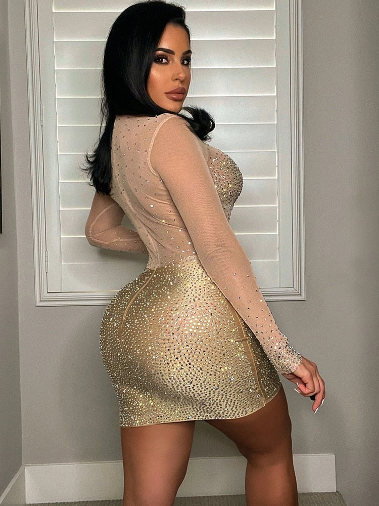 Sexy Mesh Crystal Patchwork Sheer Mini Dress New Elegant Women Long Sleeve Bodycon Dress Night Clubwear Outfits