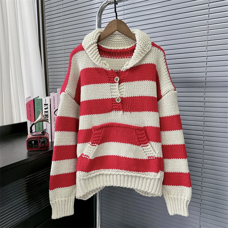 Autumn Winter New Lazy Style Striped Contrast Color Thick Knit Pullover Sweater For Women Loose Versatile Top 11A07789 Red One Size
