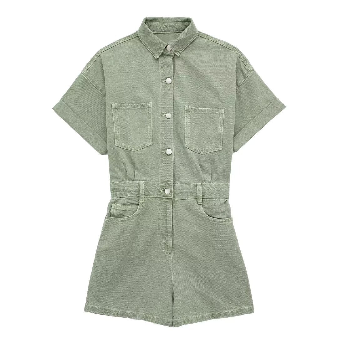 TARUXY Lapel Pocket Denim Jumpsuit Women Sexys Short Sleeve Slim Bodycon Ropa De Mujer Casual Overalls One Piece Womens Clothing
