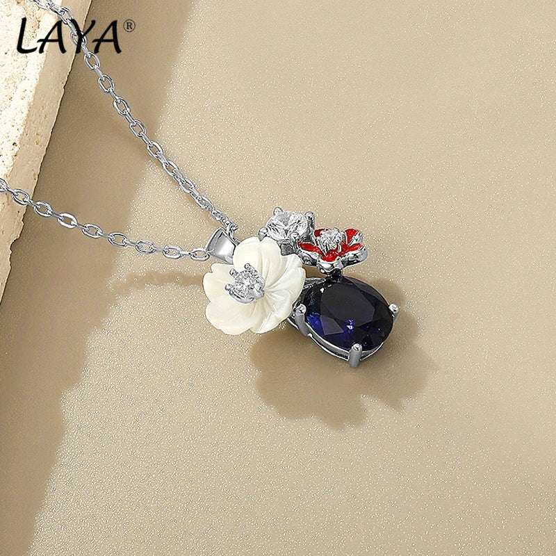 LAYA Necklace For Women White Shell Flower Shining Zircon Handmade Enamel 925 Sterling Silver Engagement Wedding Party Jewelry