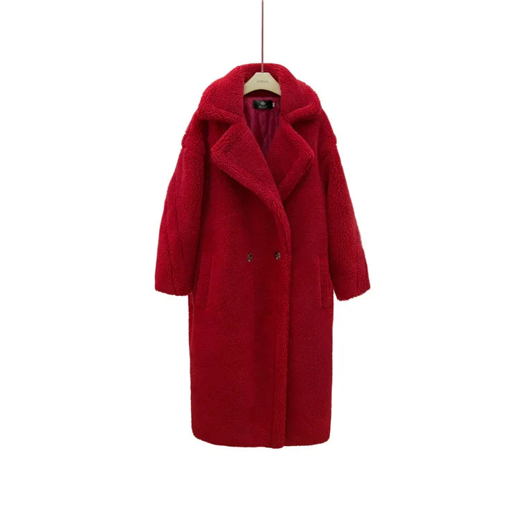 New Winter Coat Women Wool Sheep Shearing Faux Fur Warm Coat Women's Medium Long Large Grain Lamb Wool Thick Teddy Bear Outwear Red