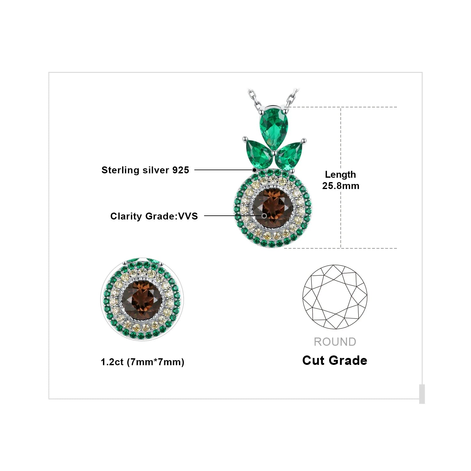 JewelryPalace Avocado 4.5ct Natural Smoky Quartz 925 Sterling Silver Pendant Necklace for Woman Trendy Gift No Chain