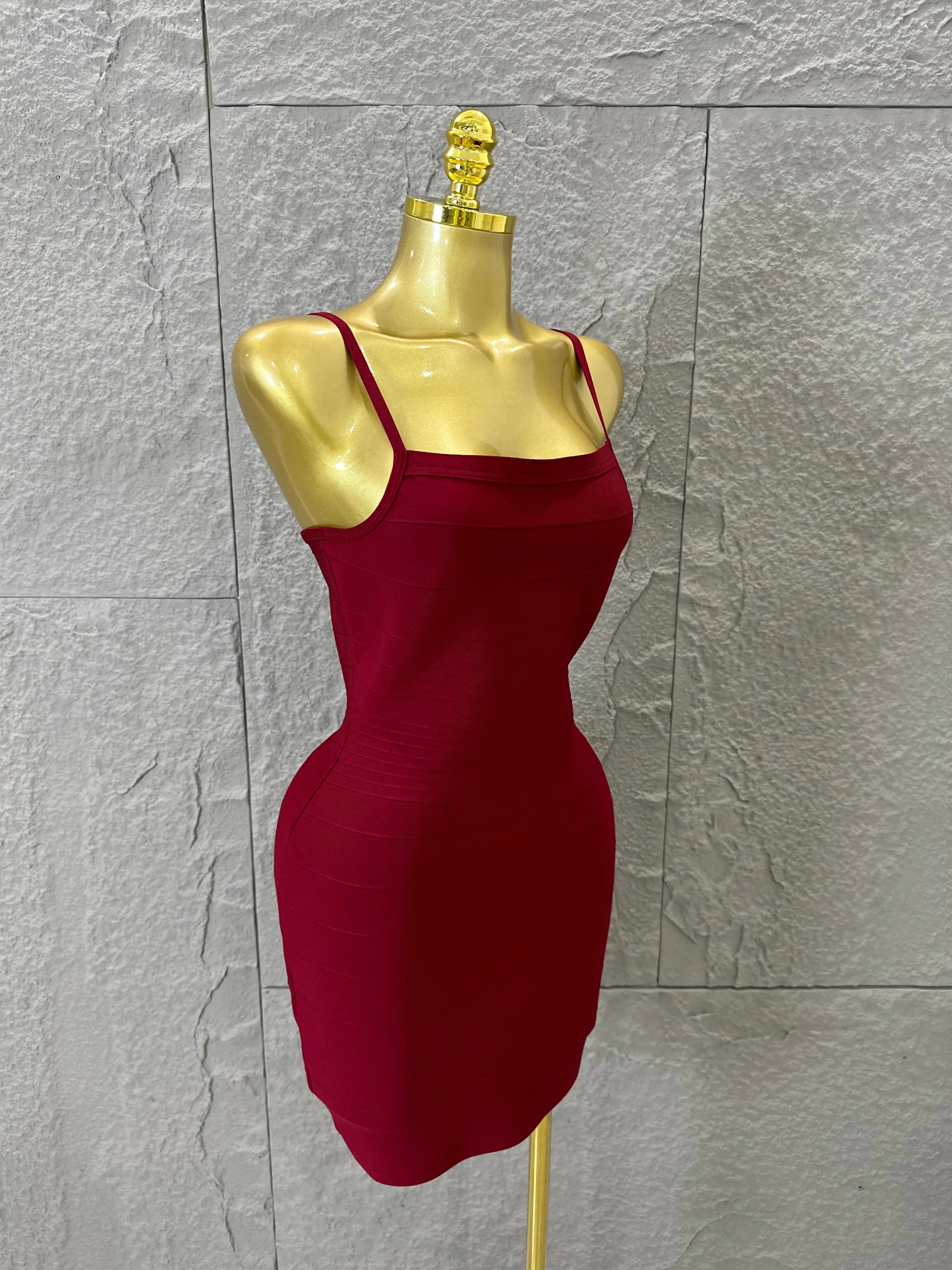 Chic Burgundy Bandage Mini Dress Women Spaghetti Strap Square Neck Bodycon Formal Event Casual Wear Costume
