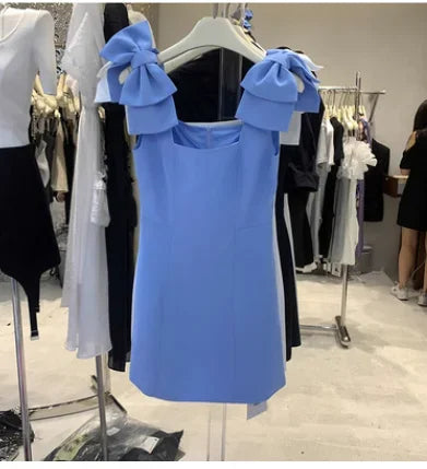 French New Female Sexy Bow Above Knee Suspender Dress Women's Summer Fashion Elegant Sleeveless A- Line High Waist Dress Blue