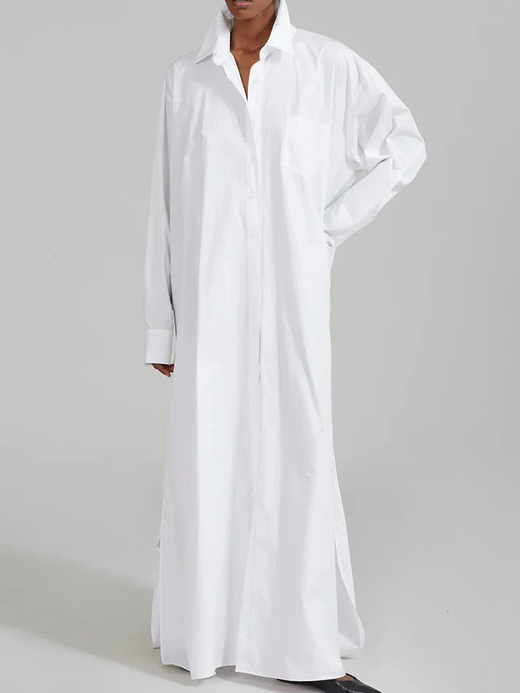 Solid Minimalist Split Dresses For Women Lapel Long Sleeve High Waist Patchwork Single Breasted Loose Dress Female