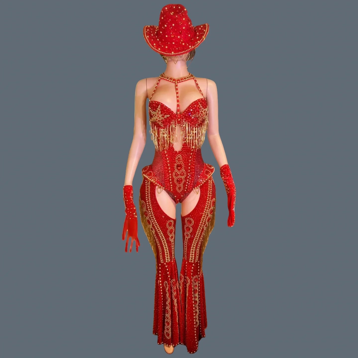 Women Sparkly Rhinestone Bodysuit 4Pieces Set Night Party Cowboy Show Outfit Cabaret Carnival Showgirl Sexy Jumpsuit Hongding red jumpsuit set