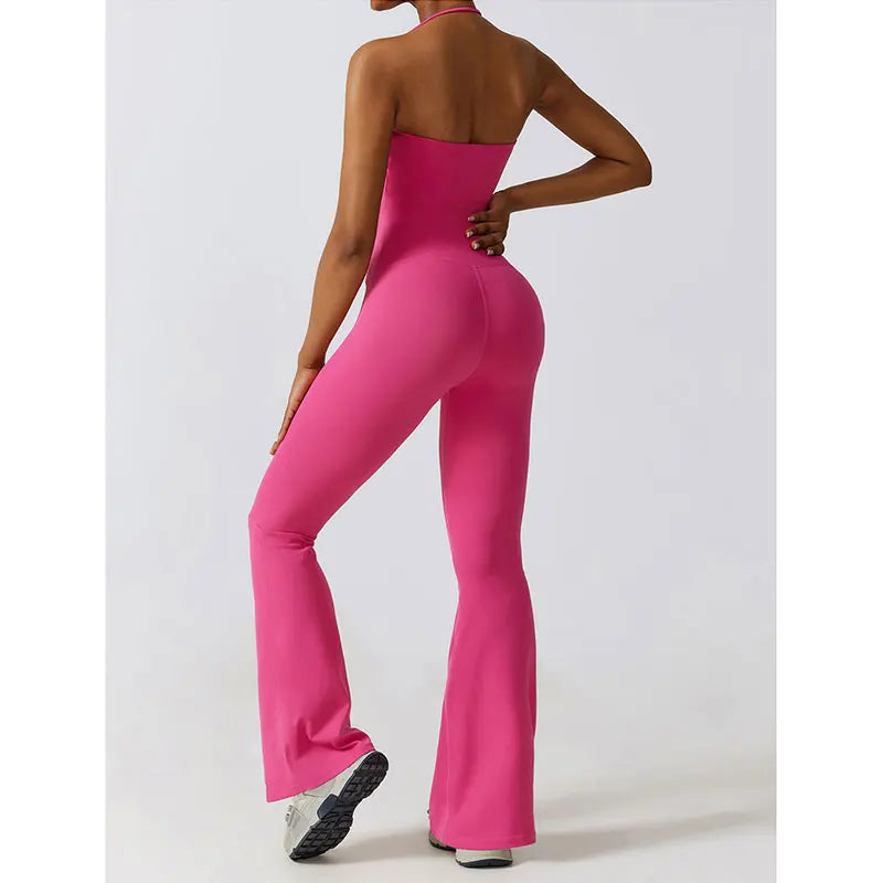 New Sports Jumpsuit for Women Fitness Flare Pants One Piece Yoga Suit Dance Gym Outfits Bodysuit Sportswear Workout Set Rose Red