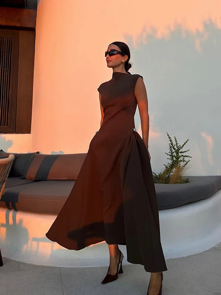 Chic Off Shoulder Irregular Neck Women's Dress Elegant High Waist A-line Hem Pleated Midi Dresses New Summer Lady Commuting Robe Red
