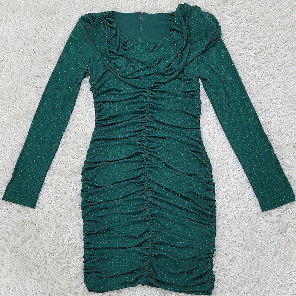 2025 New Rhinestone Long Sleeve Sexy Mini Dress For Women Fashion Shawl Collar Bodycon Club Dress Elegant Female Party Clothes