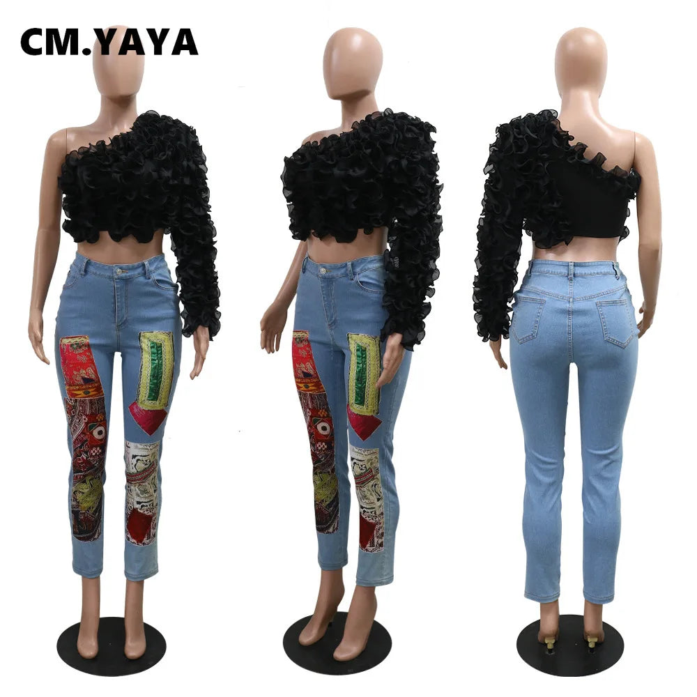 Women Ruffles One Sleeve Skew Collar Tunic Blouse and Shirt Tops 2024 Summer Streetwear Night Club Party Beach Tops