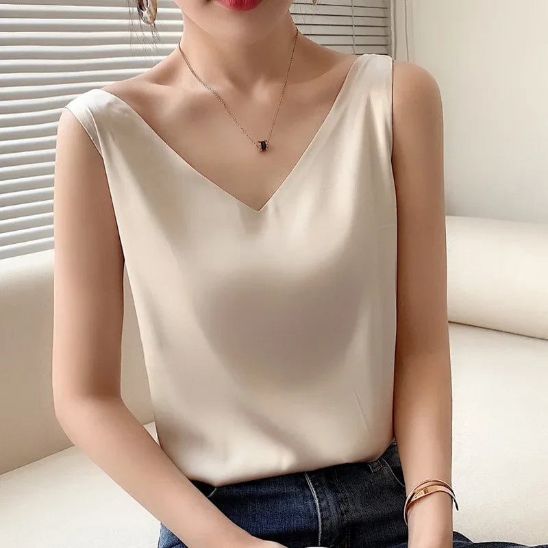Ice Silk Camisole Women's V-neck Tops White Satin Camis Mulberry Summer Ladies' Crop Top Women Solid Blouse Vest Champagne