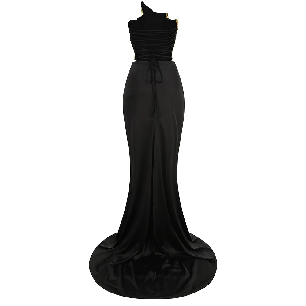 2024 Women Gold Color Sexy Laced-up Tops 2 Pieces Bodycon Floor-Length Dress Celebrate Evening Party Prom Dress