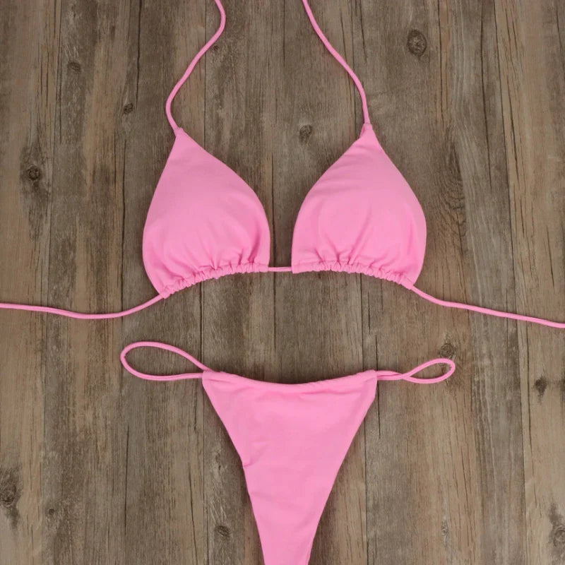 Sexy Micro Bikini Sets Thong Triangle Swimsuit Brazlian Bathing Suit Summer Solid Swimwear Biquini Swimming Pool Beachwear 2023 Pink
