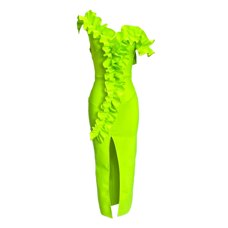Women Sexy One Shoulder Ruffles Neon Green Split Maxi Long Bandage Maxi Dress Elegant Evening Club Party Cocktail Outfits green