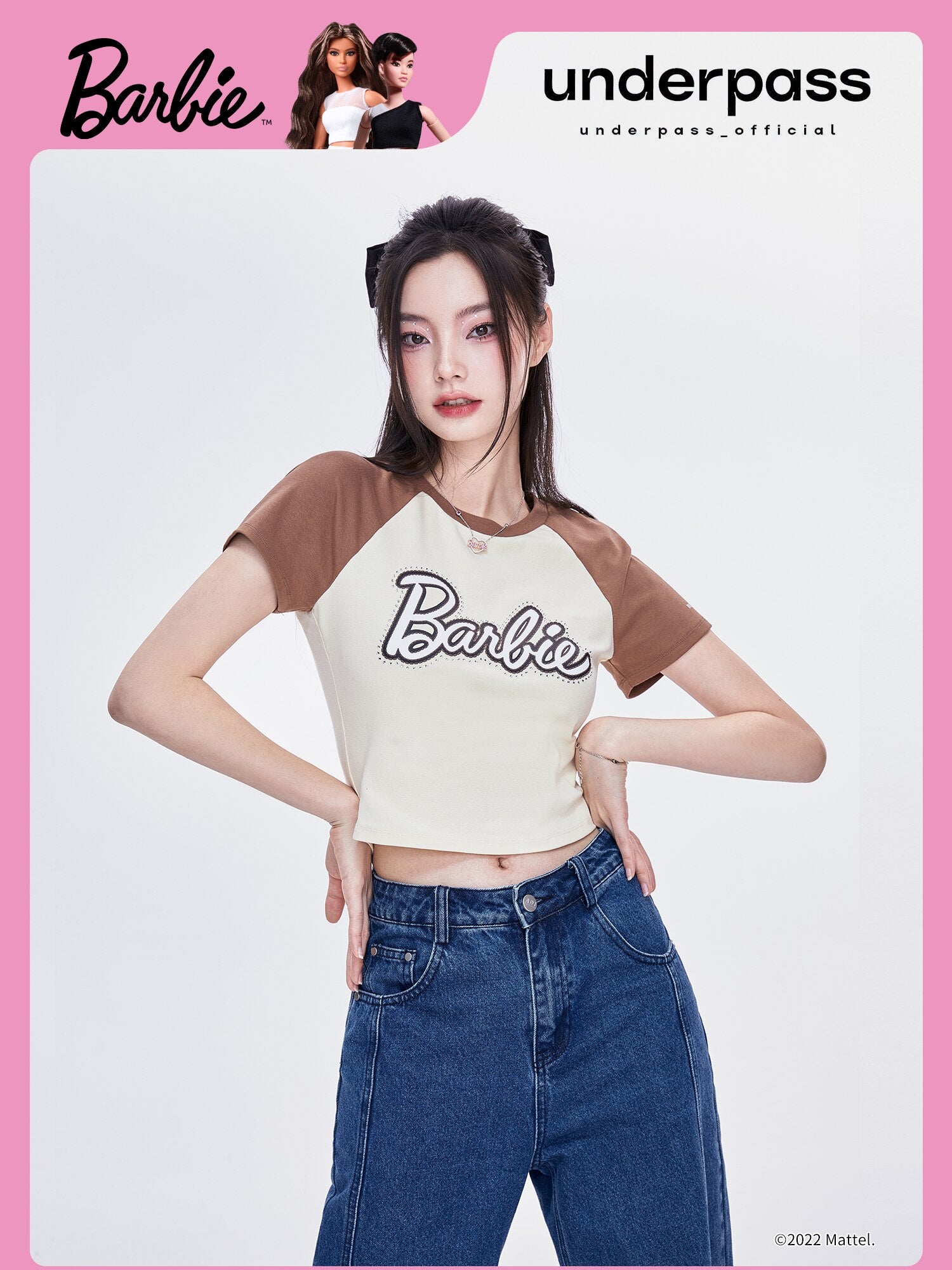 Underpass X Barbie Print Hot Drill Navel Slim Fit Contrast Short-Sleeved T-Shirt Y2K Girls Skinny Short Sleeves Fashion Soft Top