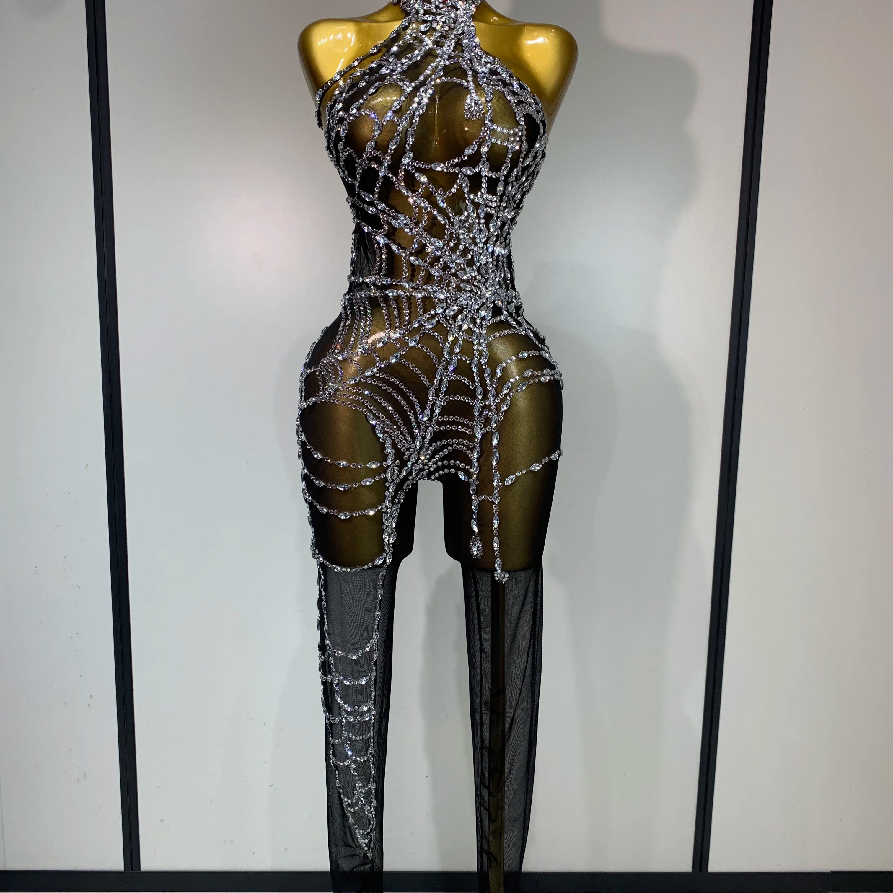 STOCK Sparkly Diamond Women Sexy Mesh Jumpsuit Nightclub Bar Party Show Gogo Dancer Clothing Drag Queen Outfit Stage Costume black