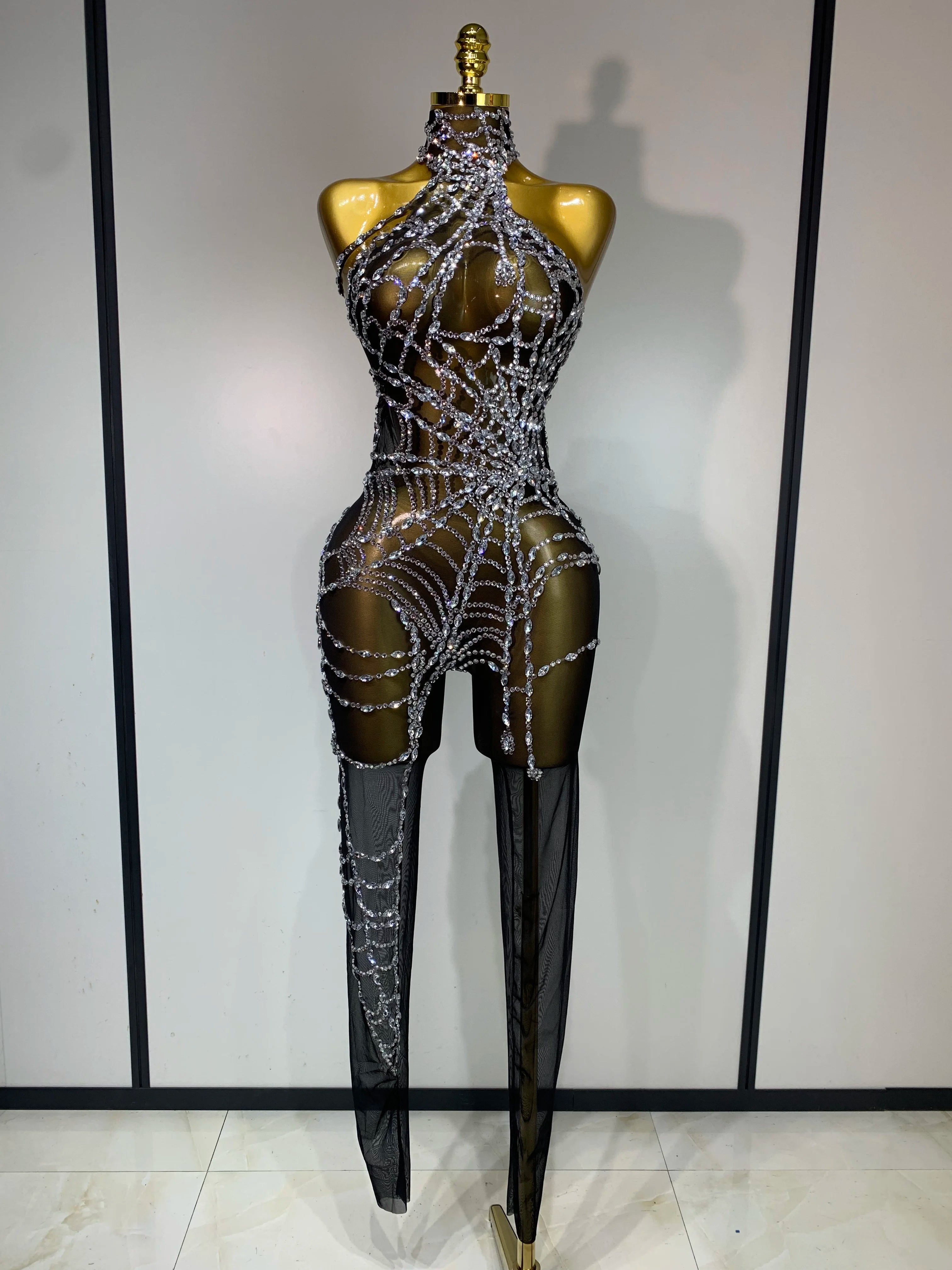 STOCK Sparkly Diamond Women Sexy Mesh Jumpsuit Nightclub Bar Party Show Gogo Dancer Clothing Drag Queen Outfit Stage Costume black