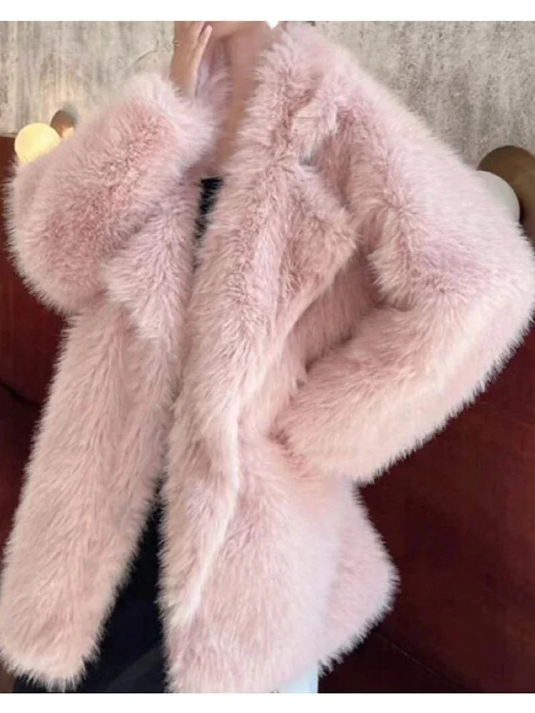 Lautaro Winter Loose Casual Thick Warm Soft Hairy Faux Fur Coat Women Luxury Furry Fluffy Jacket Korean Fashion Pink