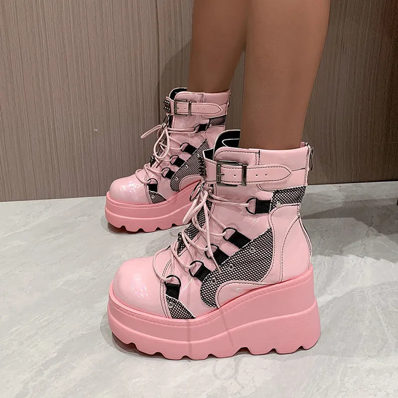 Women's Punk Style Thick-soled Wedge-heeled Knight Boots Large Size Cross-lace Thick-soled Mid-tube Women's Gothic Cowboy Boots Pink
