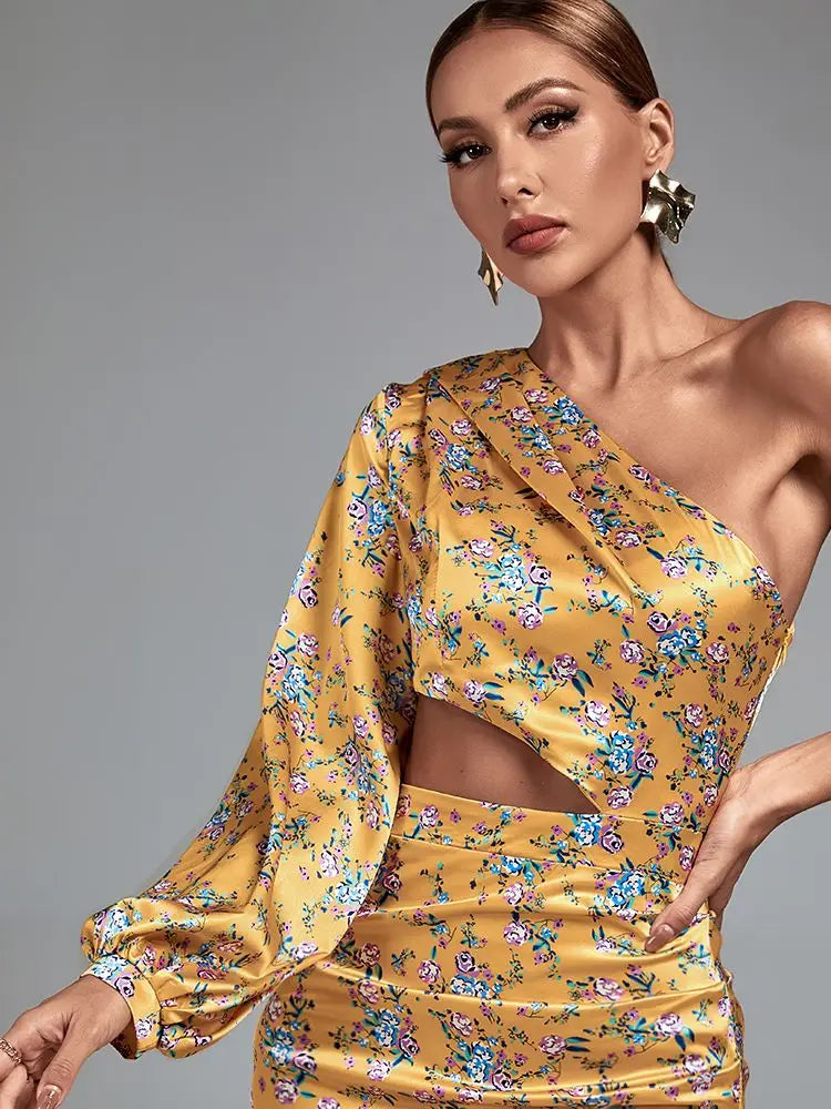 Floral Print Long Dress Women Luxury Evening Party Dress Elegant Ruffle Sexy One Shoulder Birthday Club Outfits Summer 2023