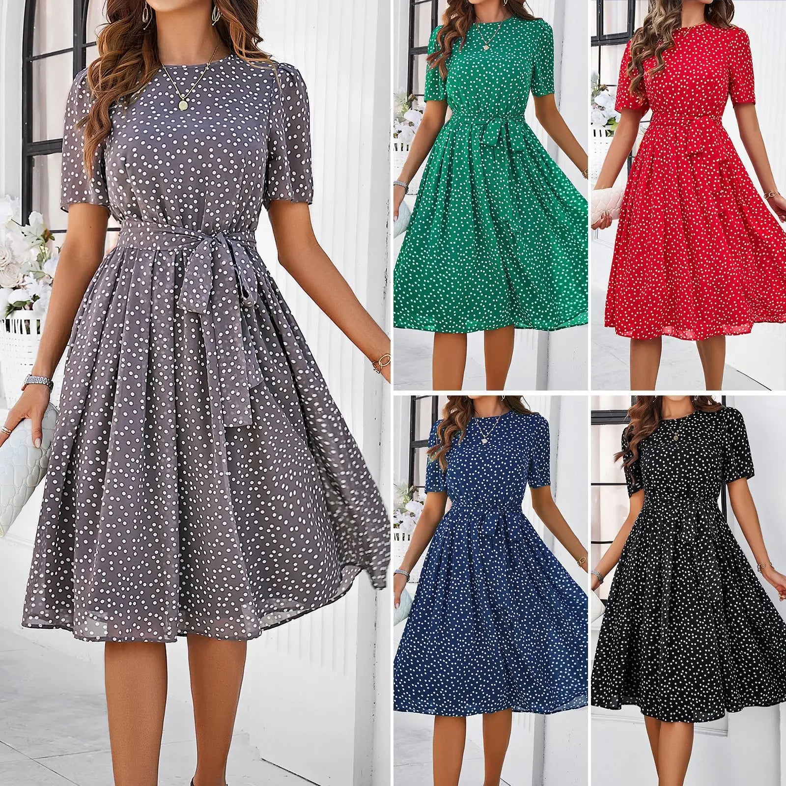 Elegant Office Lady Lace Up Dress Women Casual Short Sleeved Women's Dress 2024 Spring Summer New Polo Dot Printed Dress Up