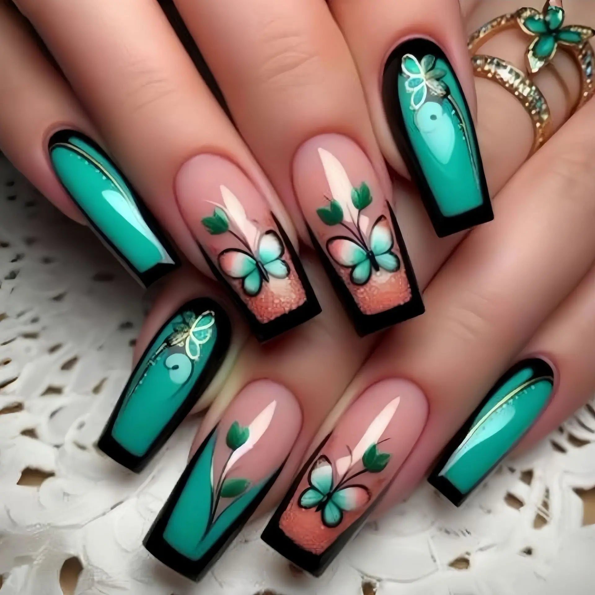 24pcs/set Medium long fake nails Gradient blue ocean fish sun flowers butterfly square ballet summer tips press on false nail 2363