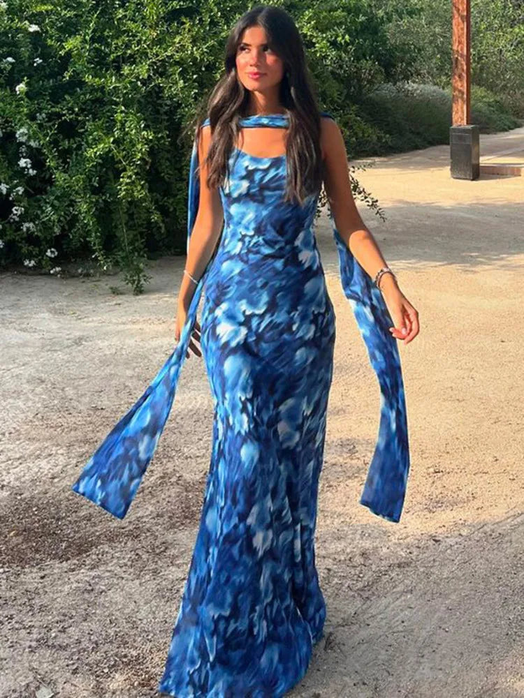 Halter Backless Print Sexy Maxi Dress For Women Gown Elegant Blue Printed Lace-up Sleeveless Evening Long Dress