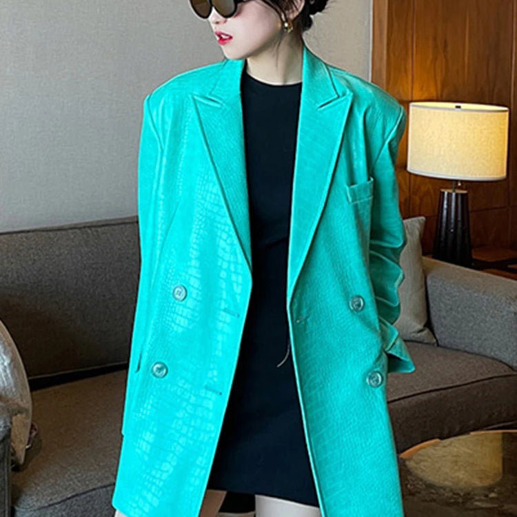 LautaroSpring Autumn Loose Casual Crocodile Print Faux Leather Blazer Jacket for Women Double Breasted Luxury Korean Fashion Lake green