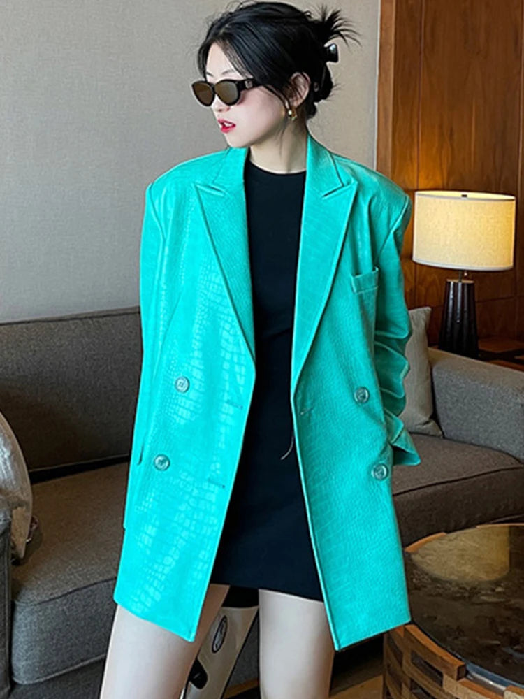 LautaroSpring Autumn Loose Casual Crocodile Print Faux Leather Blazer Jacket for Women Double Breasted Luxury Korean Fashion Lake green