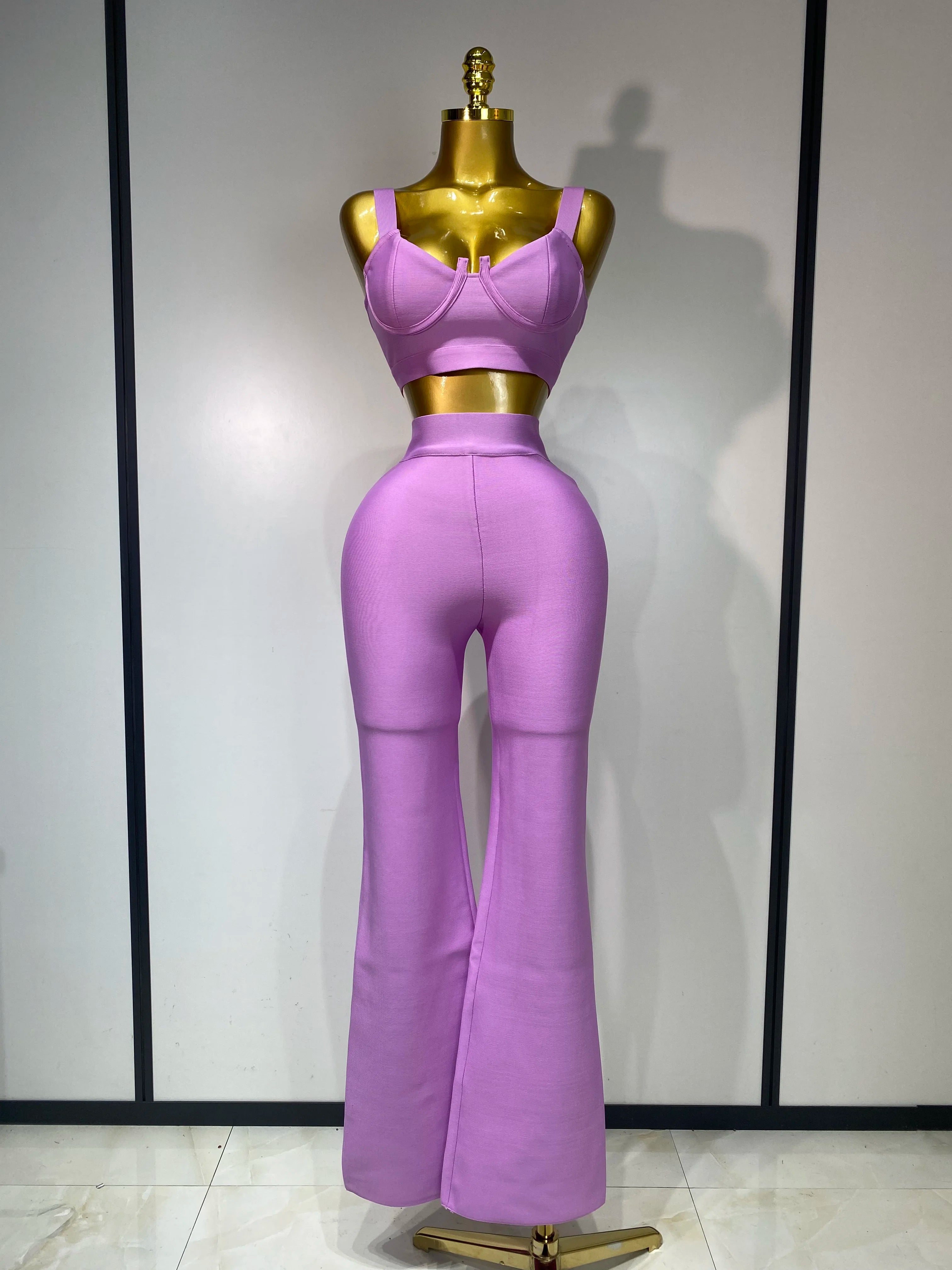 Women Sexy Bandage Crop Top Pant Set Evening Party Club Luxury Birthday High Street Fashion Elegant Luxury Birthday Outfit  Fuchsia