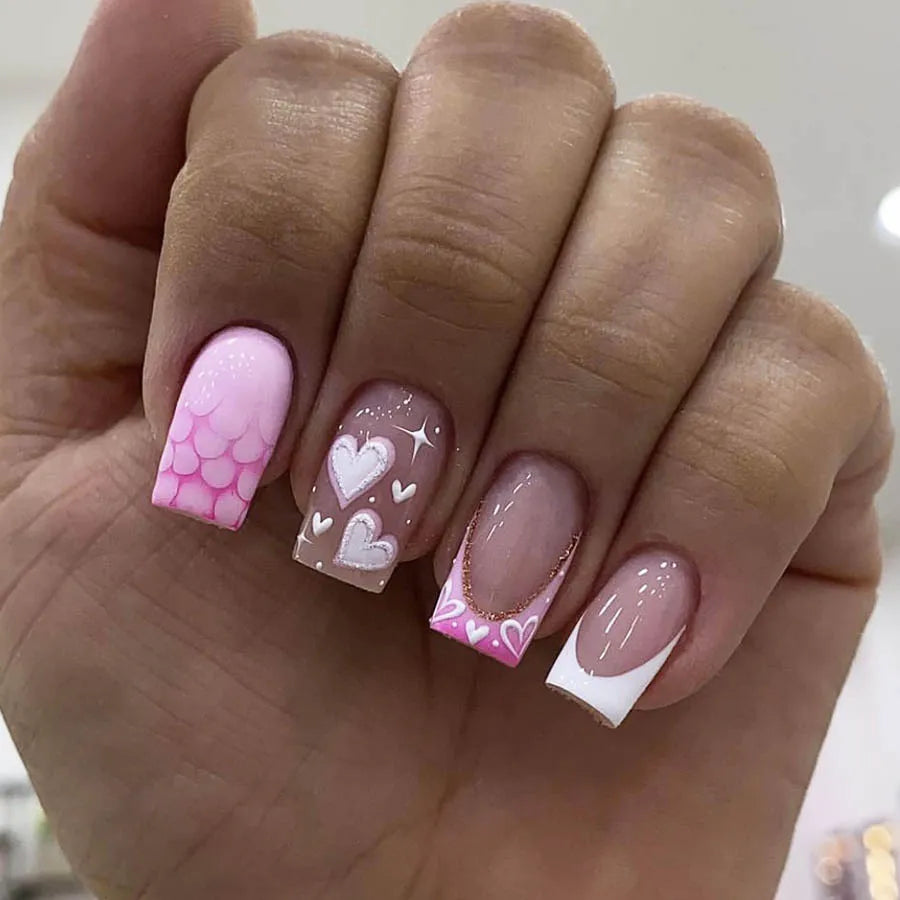 24Pc Square French Fake Nails with Heart Love Designs Glossy White Pink Press on Nails Full Cover False Nail for Valentine's Day 11