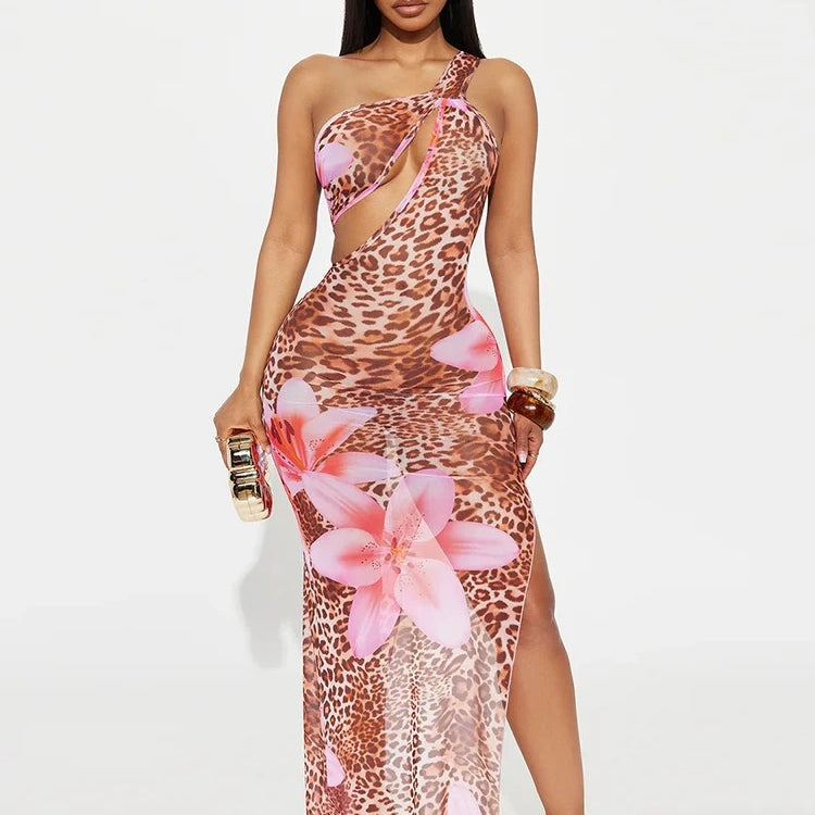 Women Floral Leopsrd Printed Sleeveless High Side Split Long Maxi Dress 2025 Skew Collar Sexy Birthday Party Dresses