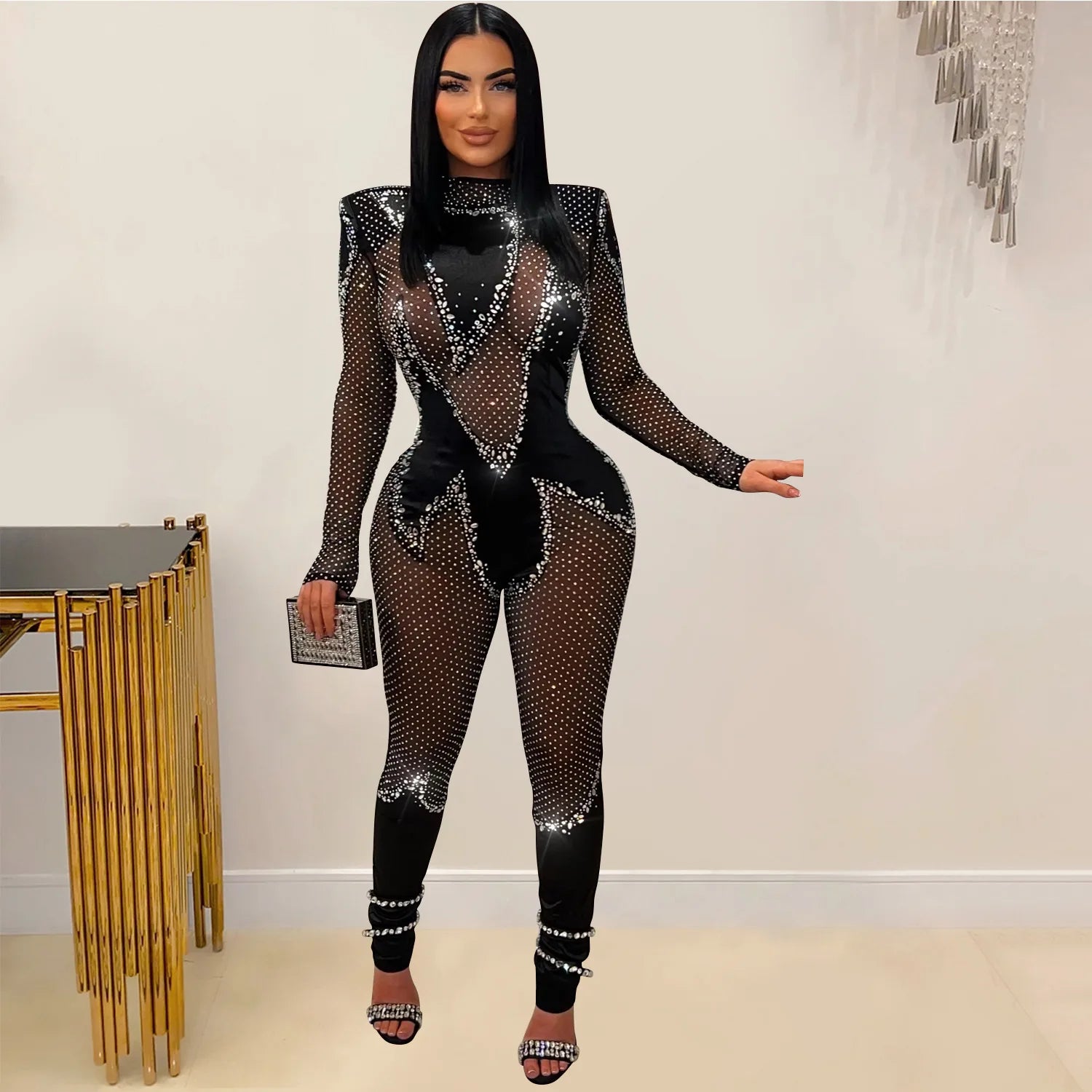 CM.YAYA Women 2024 Fashion Mesh See Though Diamonds Hot Rhinestones Sexy Party Club Jumpsuit One Piece Suit Romper Playsuits black