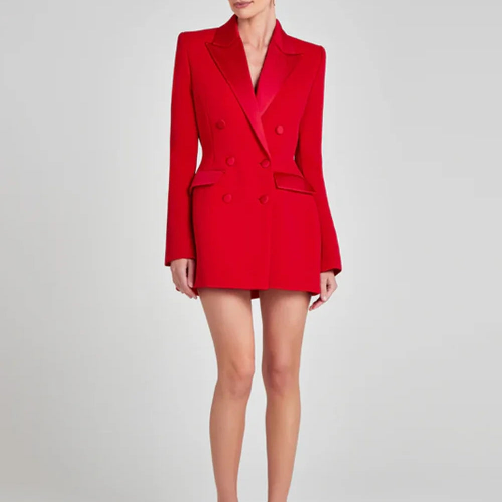Modphy Women Fashion Double Breasted Red Blazer Coat Notched Neck Long Sleeves Female Outerwear Chic Lady Outfits