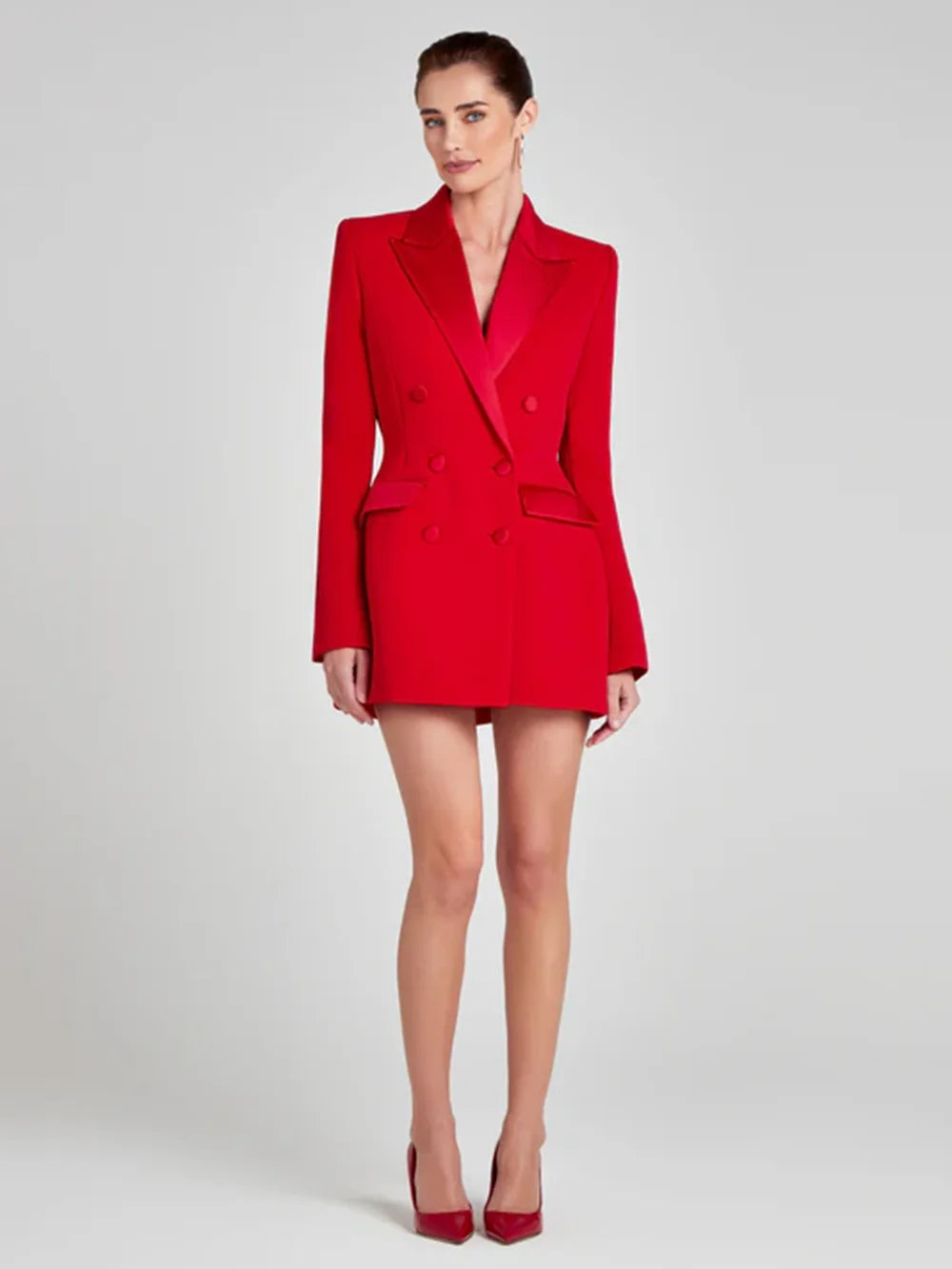 Modphy Women Fashion Double Breasted Red Blazer Coat Notched Neck Long Sleeves Female Outerwear Chic Lady Outfits