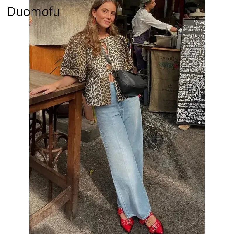 Duomofu Leopard Bow Lace Up Women Shirts Blouses Loose Y2K Puff Sleeve Pleat Shirt Top Summer New Cropped Lady Streetwear