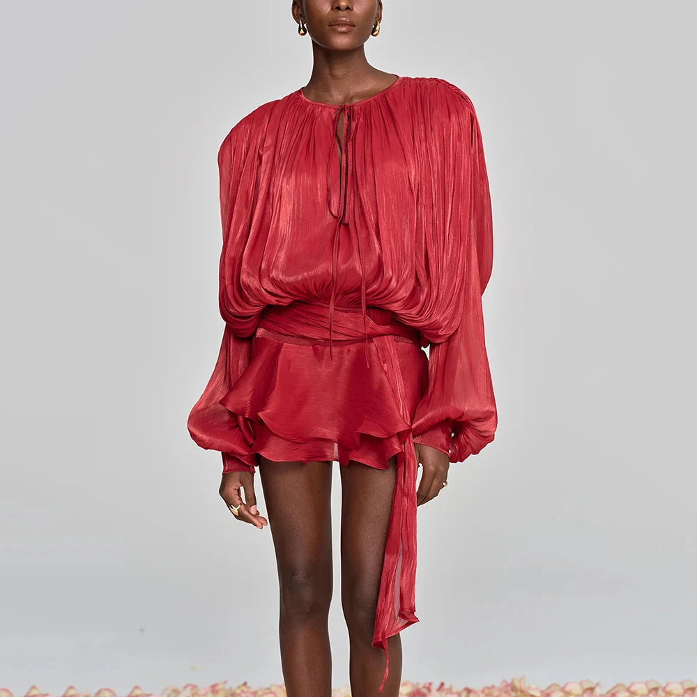 Solid Loose Spliced Lace Up Elegant Dresses for Women Round Neck Long Sleeves Patchwork Folds Dress Female Style RED